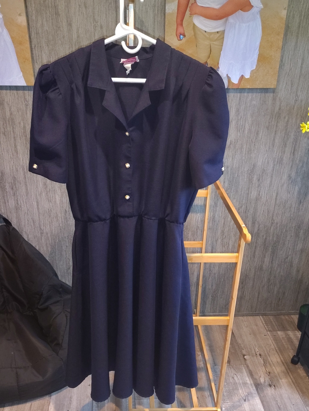 Vintage Navy Midi Dress with Puff Sleeves and Gold Buttons